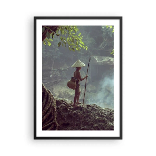 Póster en marco negro - Un niño en el bosque con una caña de pescar y una cesta en la espalda. - 50x70cm - Amistad con la naturaleza - Decoración de pared moderna para salón y dormitorio ARTTOR