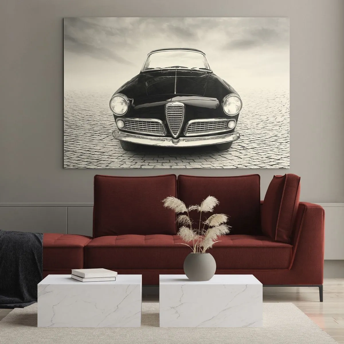 Cuadro sobre vidrio - Impresiones sobre Vidrio - Coche clásico en carretera adoquinada en blanco y negro - 70x50cm - ¿Y cómo no quererme? - Decoración de pared moderna para salón y dormitorio ARTTOR