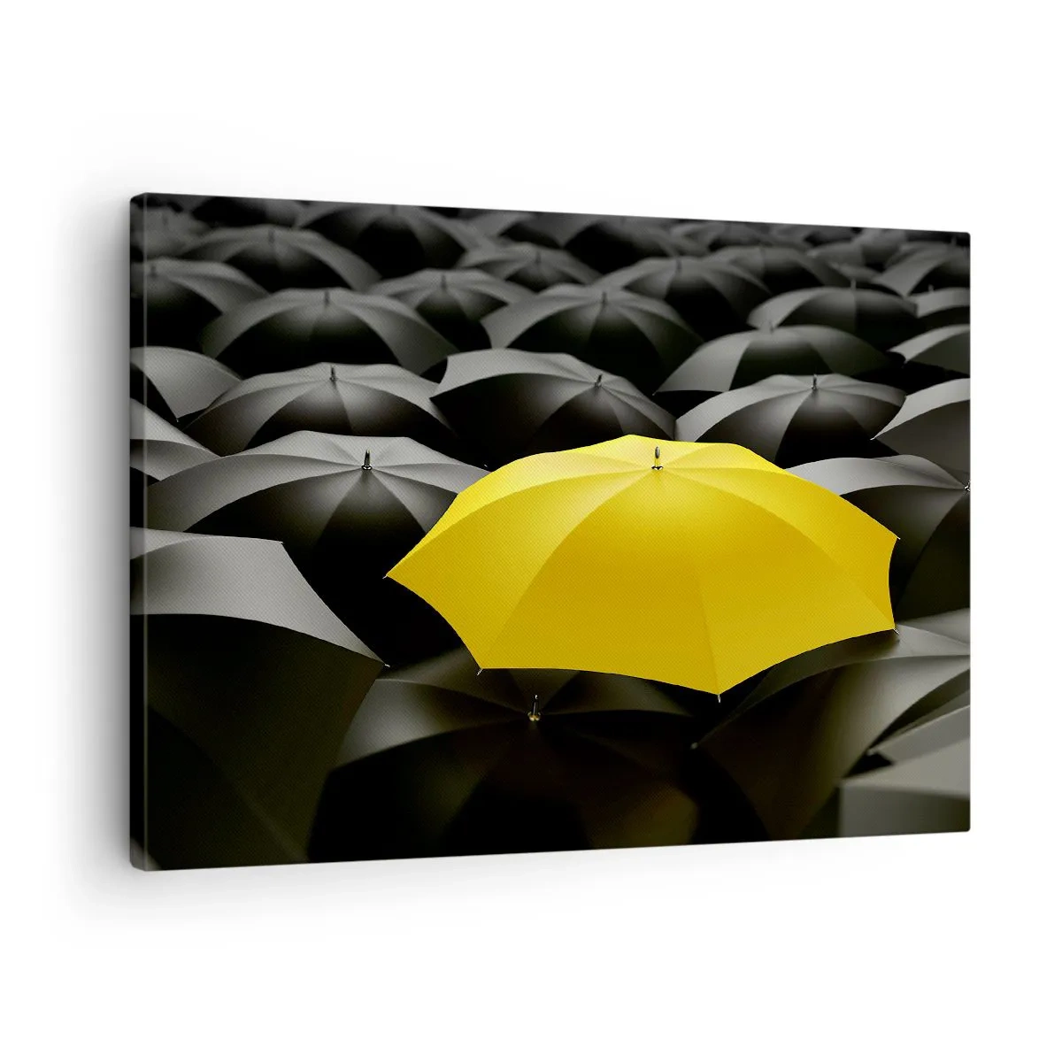 Cuadro sobre lienzo - Impresión de Imagen - Un paraguas amarillo entre paraguas negros. - 70x50cm - Adiós a la tristeza - Decoración de pared moderna para salón y dormitorio ARTTOR