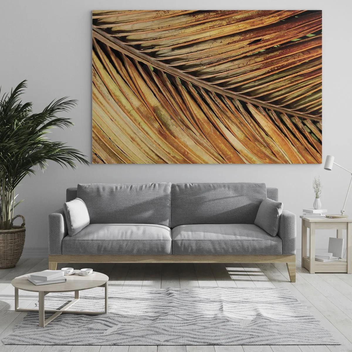 Cuadro sobre vidrio - Impresiones sobre Vidrio - Primer plano de hojas de palma secas y doradas - 120x80cm - Oro de coco - Decoración de pared moderna para salón y dormitorio ARTTOR