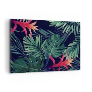 Cuadro sobre lienzo - Impresión de Imagen - Hojas y flores tropicales sobre un fondo oscuro. - 100x70cm - Encender el color verde - Decoración de pared moderna para salón y dormitorio ARTTOR