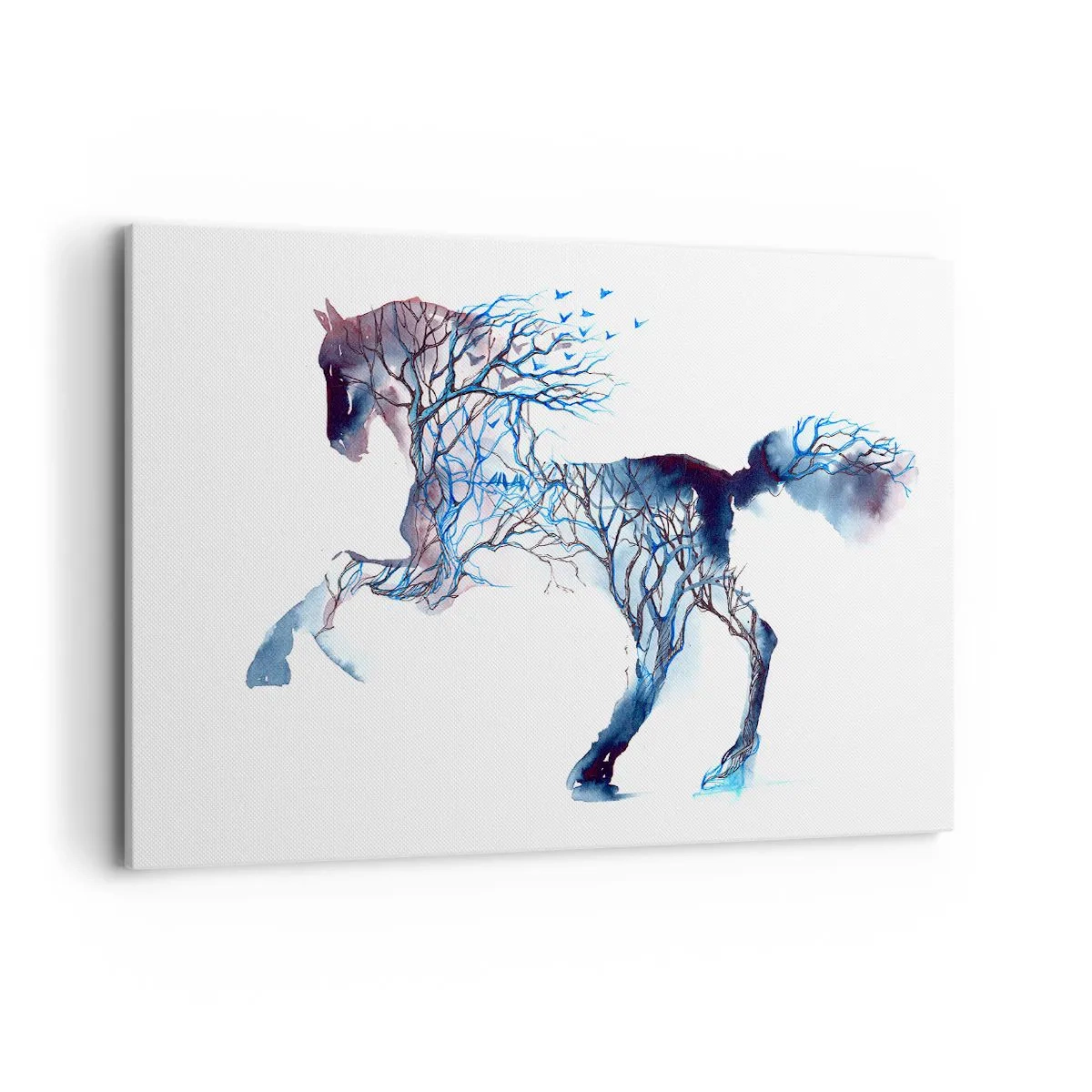 Cuadro sobre lienzo - Impresión de Imagen - Gráfico artístico de caballo con motivos de árboles y pájaros. - 120x80cm - El bosque en movimiento - Decoración de pared moderna para salón y dormitorio ARTTOR