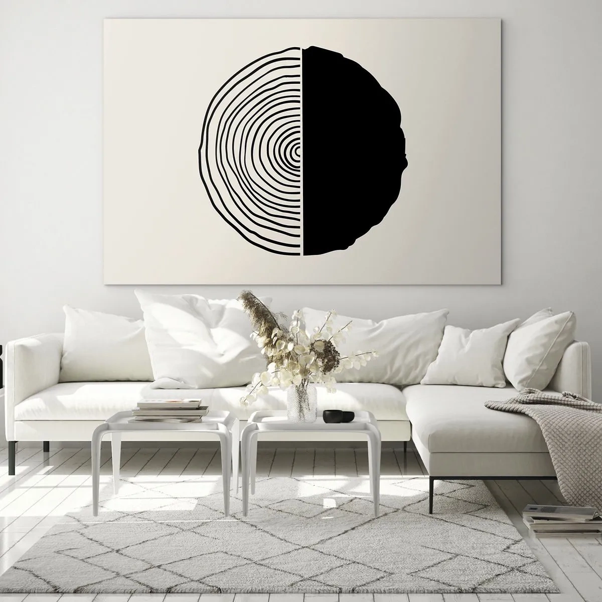 Cuadro sobre vidrio - Impresiones sobre Vidrio - Un gráfico minimalista de una sección transversal del tronco de un árbol en dos mitades. - 100x70cm - Mitad y mitad - Decoración de pared moderna para salón y dormitorio ARTTOR