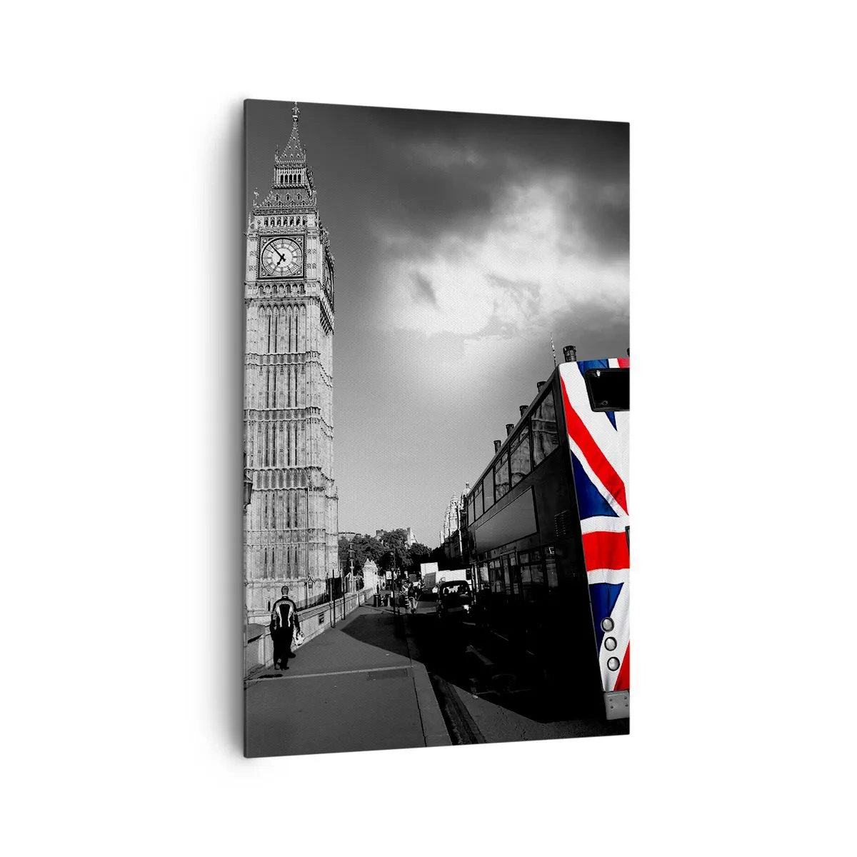 Cuadro sobre lienzo - Impresión de Imagen - El Big Ben y un autobús con una bandera británica sobre un fondo blanco y negro - 80x120cm - Orgullosa y grandiosa - Decoración de pared moderna para salón y dormitorio ARTTOR