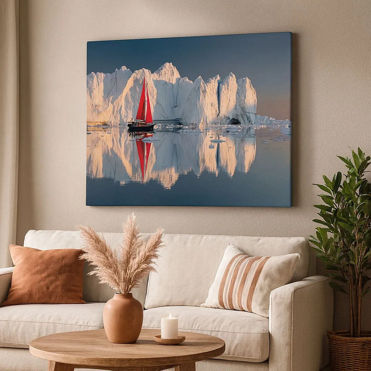 Cuadro sobre lienzo - Impresión de Imagen - Un velero con una vela roja con el fondo de un glaciar. - 70x50cm - En el límite del mundo - Decoración de pared moderna para salón y dormitorio ARTTOR