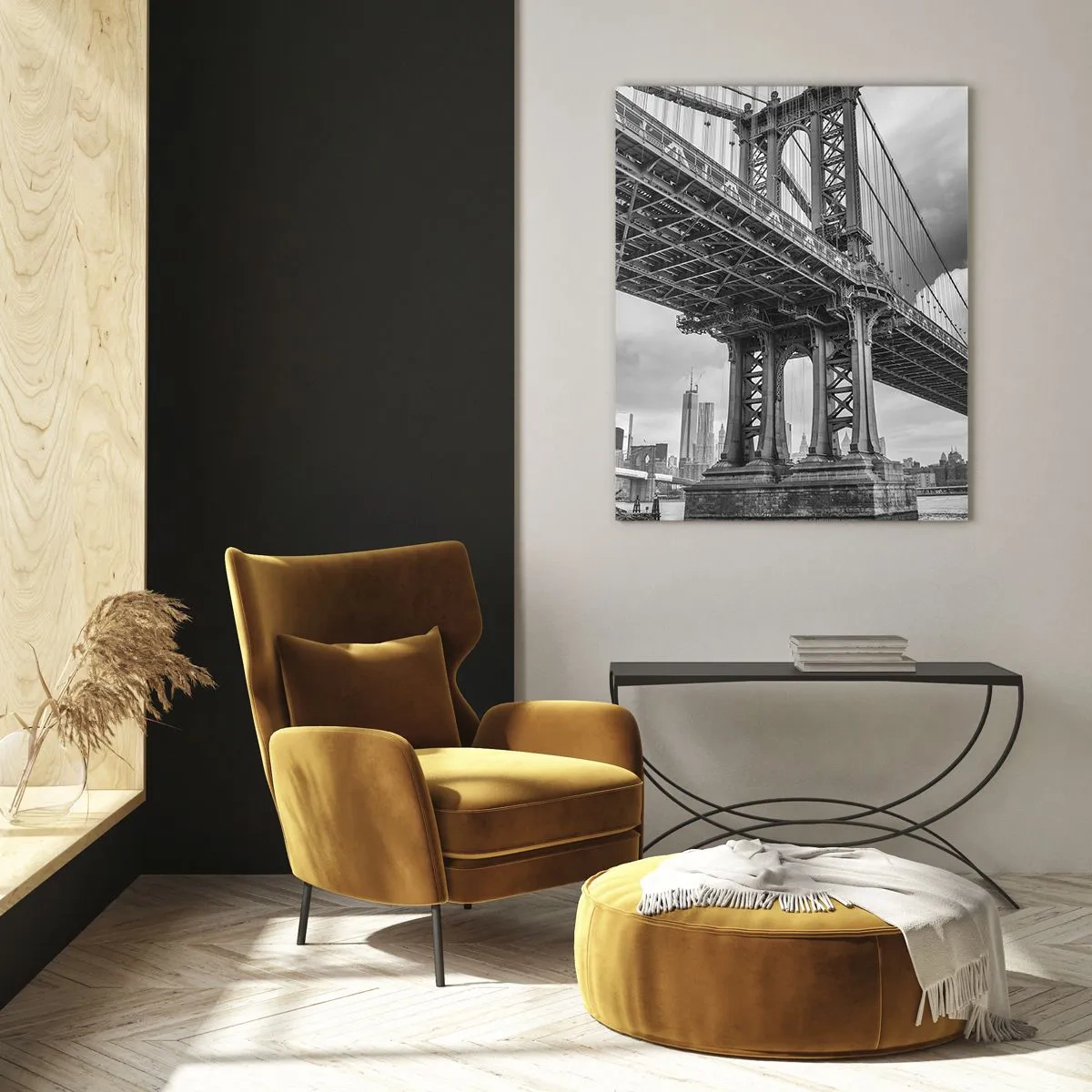 Cuadro sobre vidrio - Impresiones sobre Vidrio - Un puente colgante en un entorno monocromático - 50x70cm - Al corazón de la ciudad - Decoración de pared moderna para salón y dormitorio ARTTOR