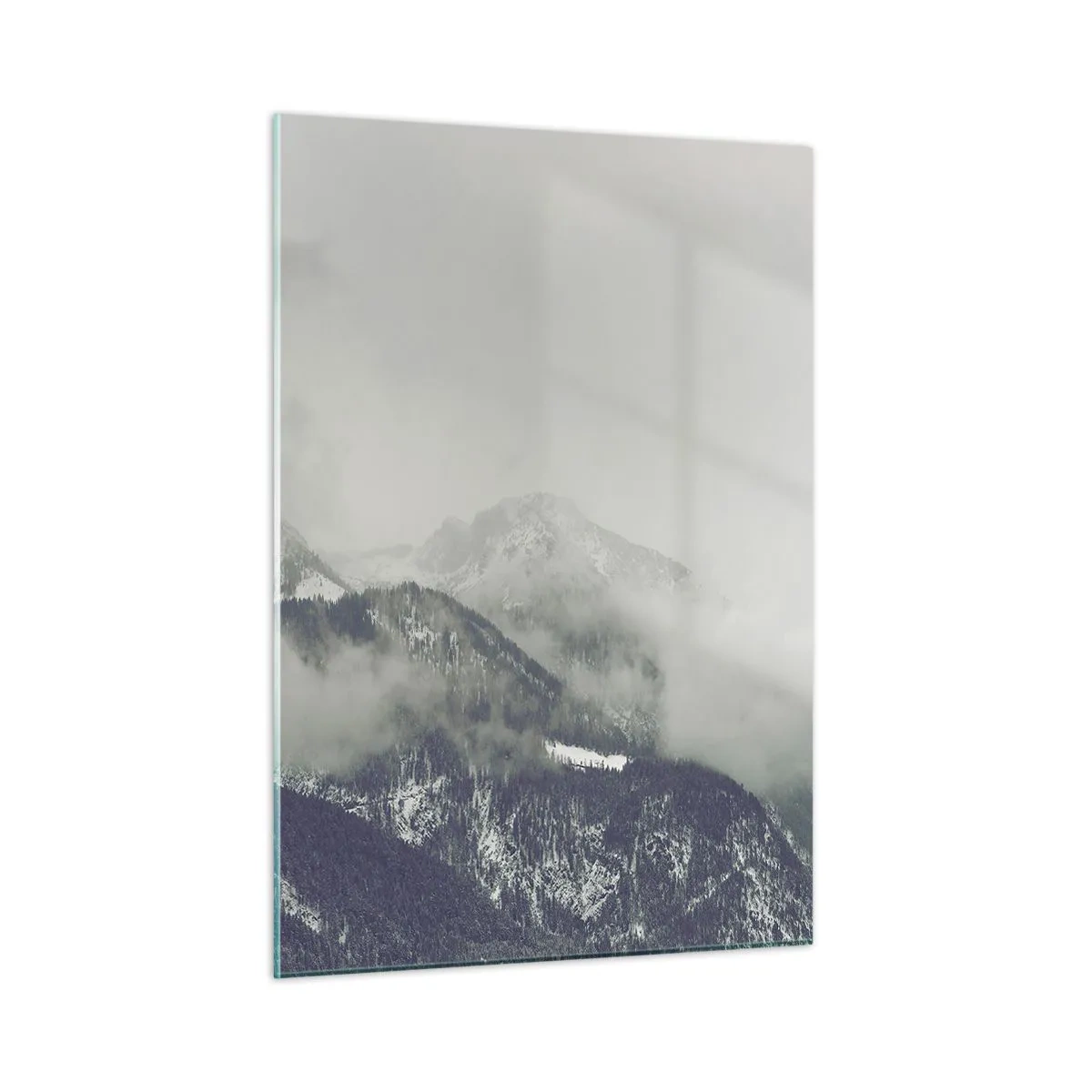 Cuadro sobre vidrio - Impresiones sobre Vidrio - Un valle de montaña en la niebla en tonos grises. - 50x70cm - Valle de la niebla - Decoración de pared moderna para salón y dormitorio ARTTOR