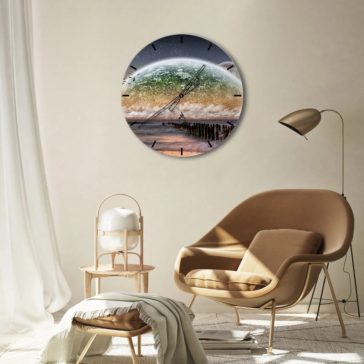 Reloj de pared - Reloj de vidrio - Paisaje con un globo terráqueo y un mar en calma - 30x30cm - Y el mundo emergió del agua - Decoración de pared moderna para salón, cocina y dormitorio ARTTOR