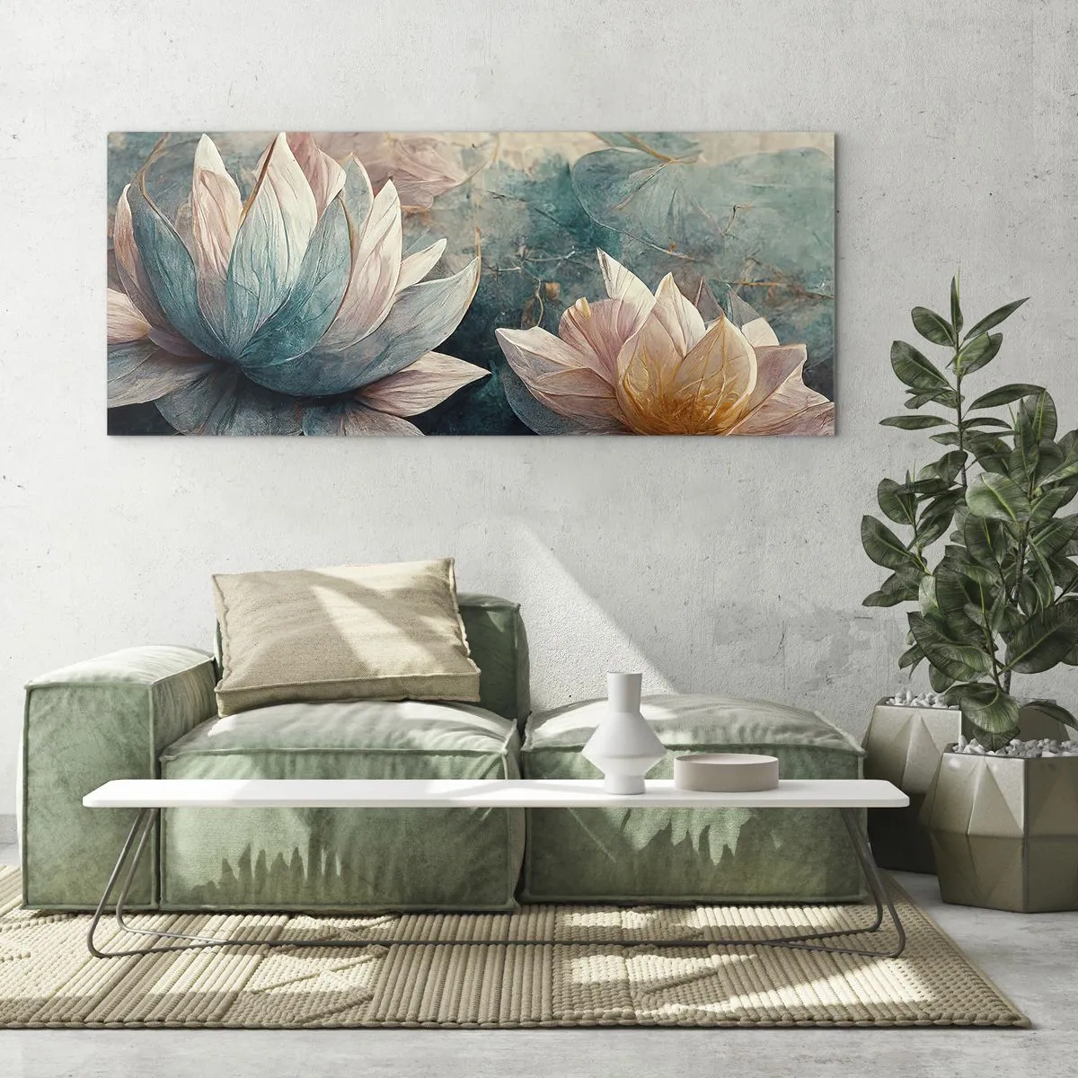 Cuadro sobre vidrio - Impresiones sobre Vidrio - Nenúfares sutiles en tonos pastel de azul y dorado. - 140x50cm - Estrellas de lago - Decoración de pared moderna para salón y dormitorio ARTTOR