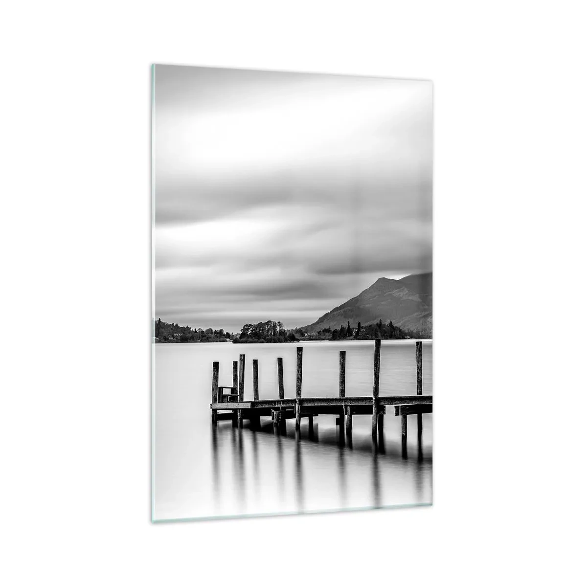 Cuadro sobre vidrio - Impresiones sobre Vidrio - Paisaje en blanco y negro con un muelle sobre un lago. - 70x100cm - Dulzura y la fuerza - Decoración de pared moderna para salón y dormitorio ARTTOR
