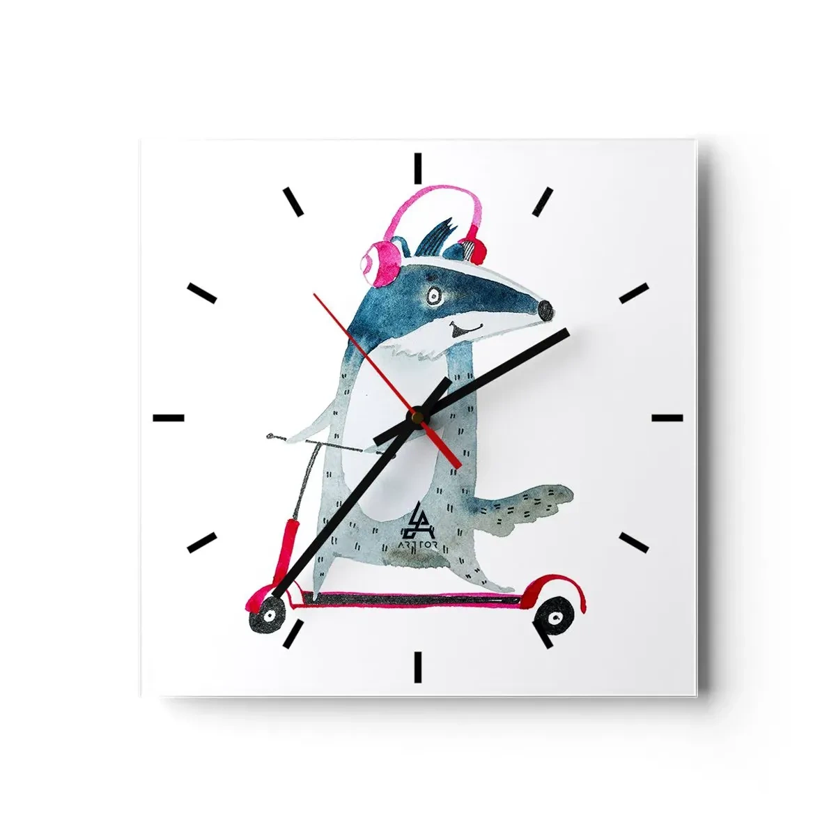 Reloj de pared - Reloj de vidrio - Tejón en un scooter con auriculares rosas - 30x30cm - Alegrías de tejón - Decoración de pared moderna para salón y dormitorio ARTTOR