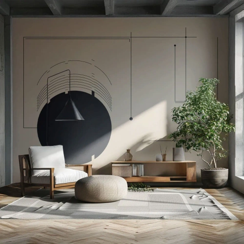 Fotomural Premium Canvas - Líneas geométricas negras y un círculo sobre un fondo beige. - 100x70cm - Composición elástica y dinámica - Decoración de pared moderna para salón y dormitorio ARTTOR