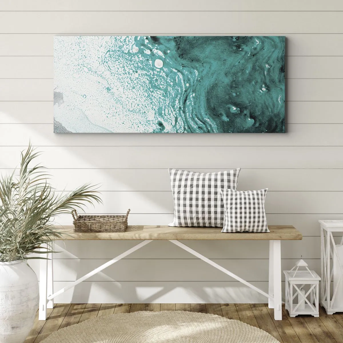 Cuadro sobre lienzo - Impresión de Imagen - Composición abstracta en tonos turquesa sobre fondo blanco. - 160x50cm - Disolución en blanco y turquesa - Decoración de pared moderna para salón y dormitorio ARTTOR
