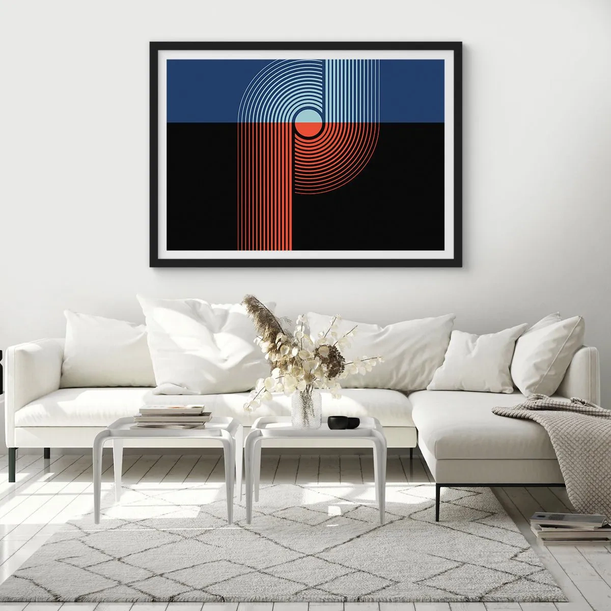 Póster en marco negro - Abstracción geométrica con líneas en azul marino y naranja. - 100x70cm - En un abrazo geométrico - Decoración de pared moderna para salón y dormitorio ARTTOR
