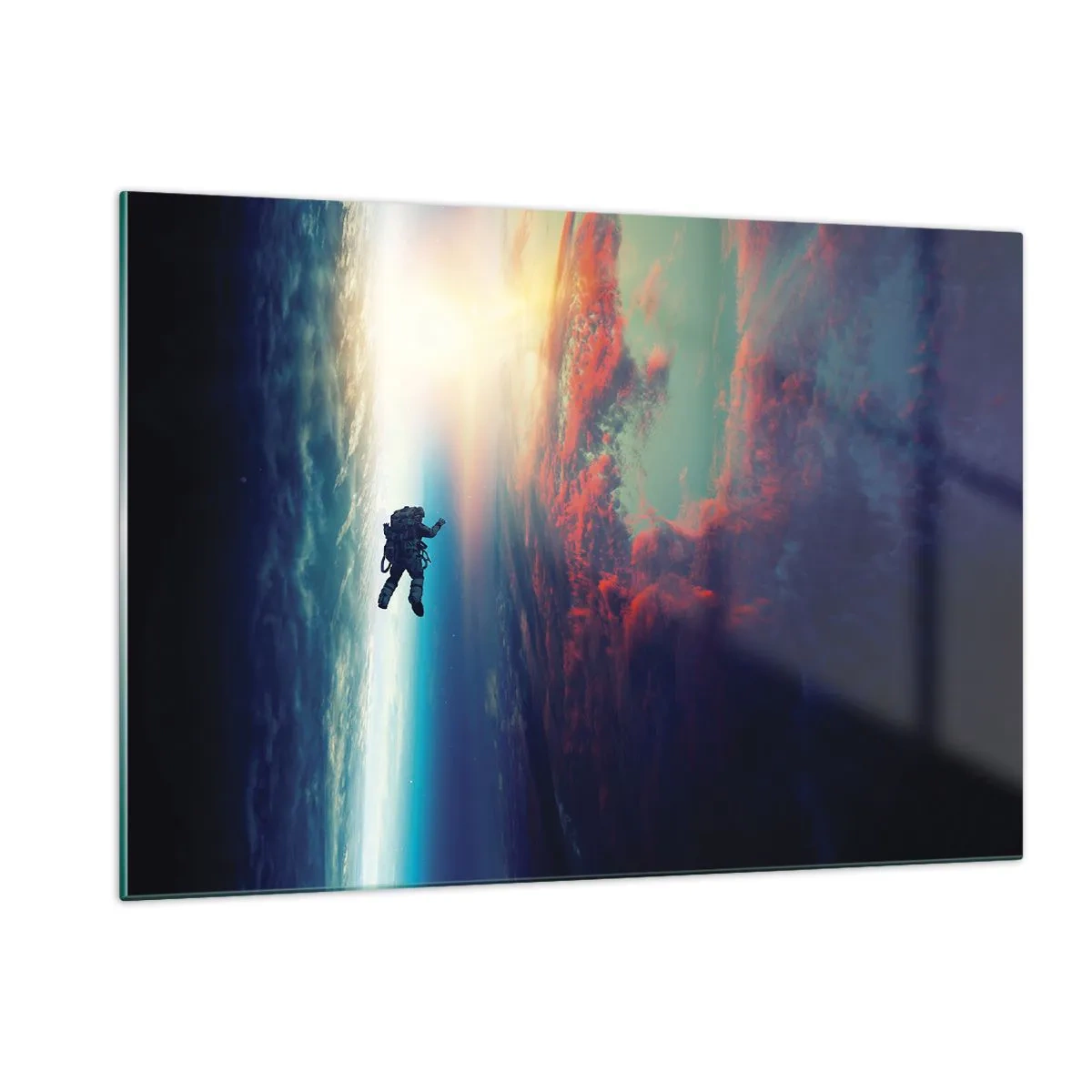 Cuadro sobre vidrio - Impresiones sobre Vidrio - Un astronauta flotando a través del espacio hacia la luz. - 120x80cm - Enfrentarse al universo - Decoración de pared moderna para salón y dormitorio ARTTOR
