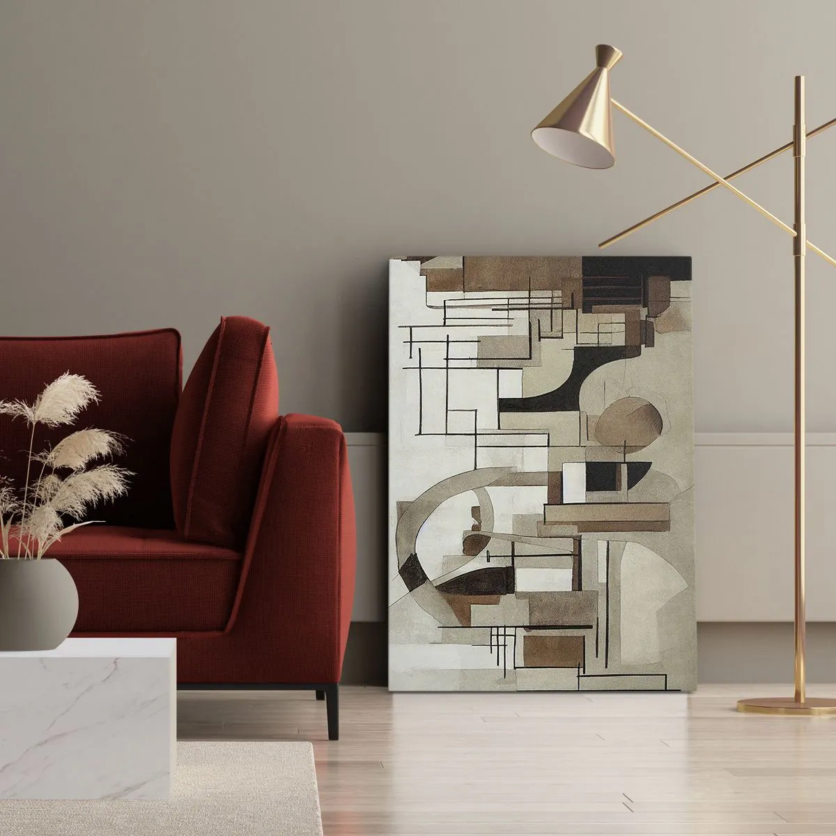 Cuadro sobre lienzo - Impresión de Imagen - Abstracción arquitectónica en beige y marrón. - 50x70cm - Paisaje urbano 2.0 - Decoración de pared moderna para salón y dormitorio ARTTOR