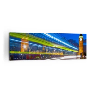Cuadro sobre lienzo - Impresión de Imagen - El Big Ben de noche con el efecto de las luces en el tráfico de la calle. - 160x50cm - Bajo la mirada del Big Ben - Decoración de pared moderna para salón y dormitorio ARTTOR
