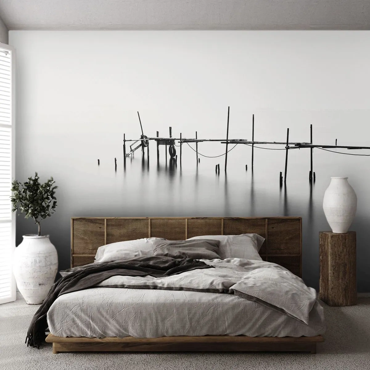 Fotomural Autadhesivo Deluxe Sticker - ¿Y si no hay mundo? - Paisaje, Puente de madera, En blanco y negro - 250x175 cm