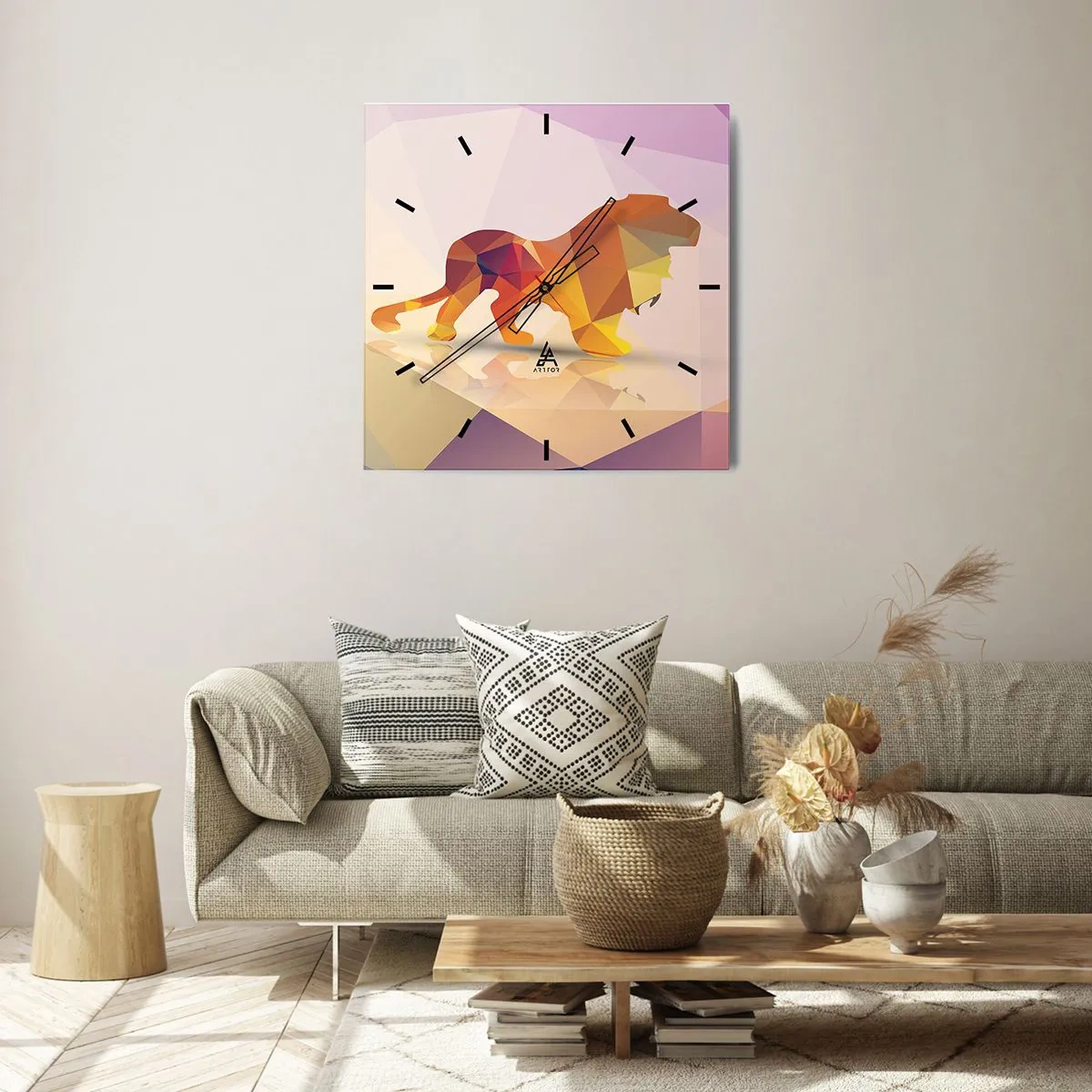 Reloj de pared - Reloj de vidrio - Silueta geométrica de un león en tonos amarillo y naranja. - 30x30cm - El rey de los diamantes - Decoración de pared moderna para salón y dormitorio ARTTOR
