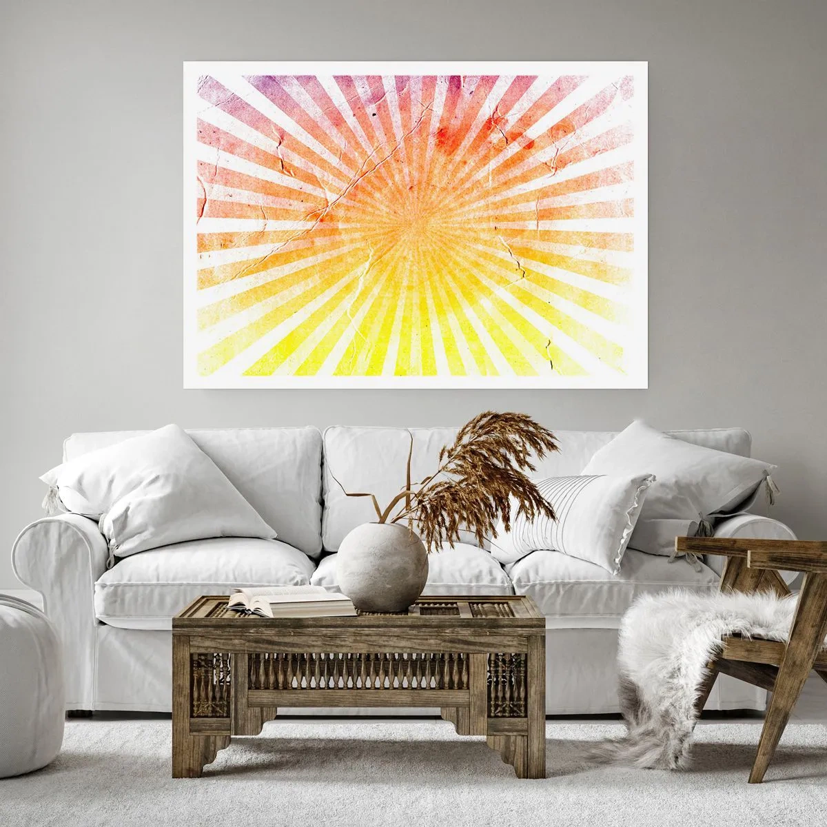 Póster - Rayos de sol en tonos naranja y amarillo. - 100x70cm - Renacer del sol - Decoración de pared moderna para salón y dormitorio ARTTOR