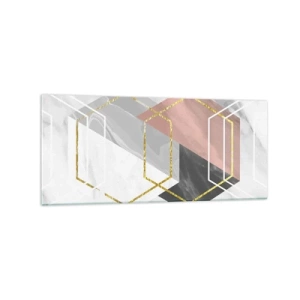 Cuadro sobre vidrio - Impresiones sobre Vidrio - Figuras geométricas con acentos dorados y de mármol. - 120x50cm - Composición en cadena - Decoración de pared moderna para salón y dormitorio ARTTOR