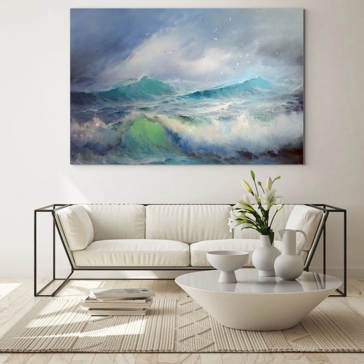 Cuadro sobre vidrio - Impresiones sobre Vidrio - Olas agitadas del océano con pájaros en un cielo nublado - 120x80cm - La fuerza del viento - Decoración de pared moderna para salón y dormitorio ARTTOR