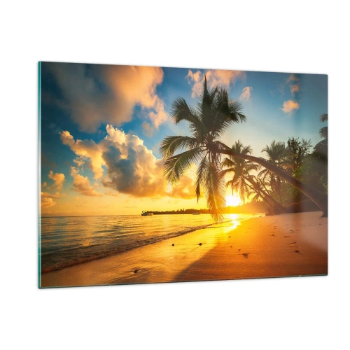 Cuadro sobre vidrio - Impresiones sobre Vidrio - Playa tropical con palmeras al atardecer - 120x80cm - Un sueño caribeño - Decoración de pared moderna para salón y dormitorio ARTTOR