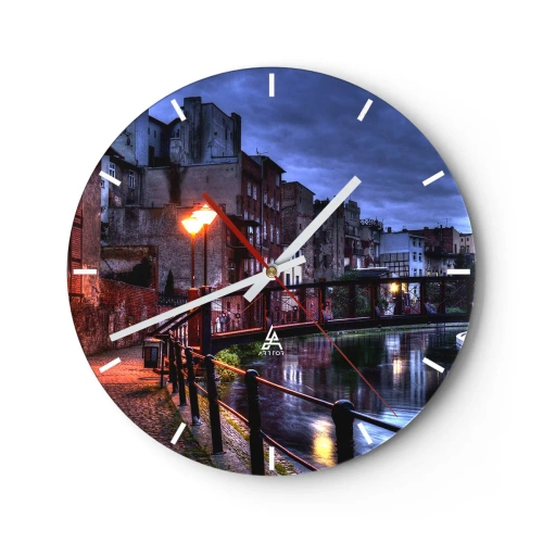 Reloj de pared - Reloj de vidrio - Vista nocturna de la calle con un puente y agua al fondo. - 30x30cm - No conocías Bydgoszcz así - Decoración de pared moderna para salón, cocina y dormitorio ARTTOR