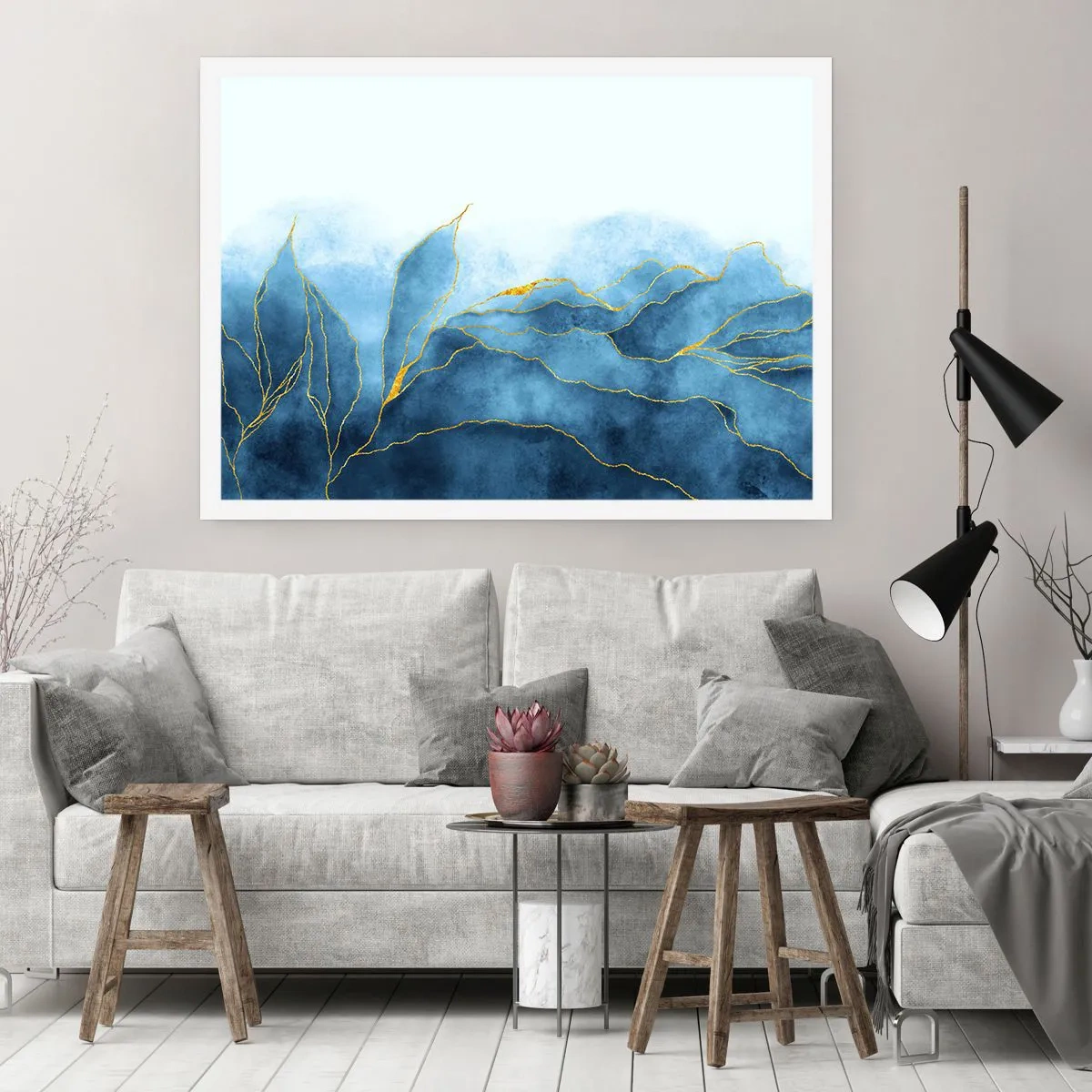 Póster - Ondas abstractas en tonos azules con acentos dorados. - 100x70cm - Oro y azul - Decoración de pared moderna para salón y dormitorio ARTTOR