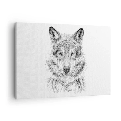 Cuadro sobre lienzo - Impresión de Imagen - Boceto de una cabeza de lobo en estilo monocromático sobre fondo blanco. - 70x50cm - Un líder nato - Decoración de pared moderna para salón y dormitorio ARTTOR