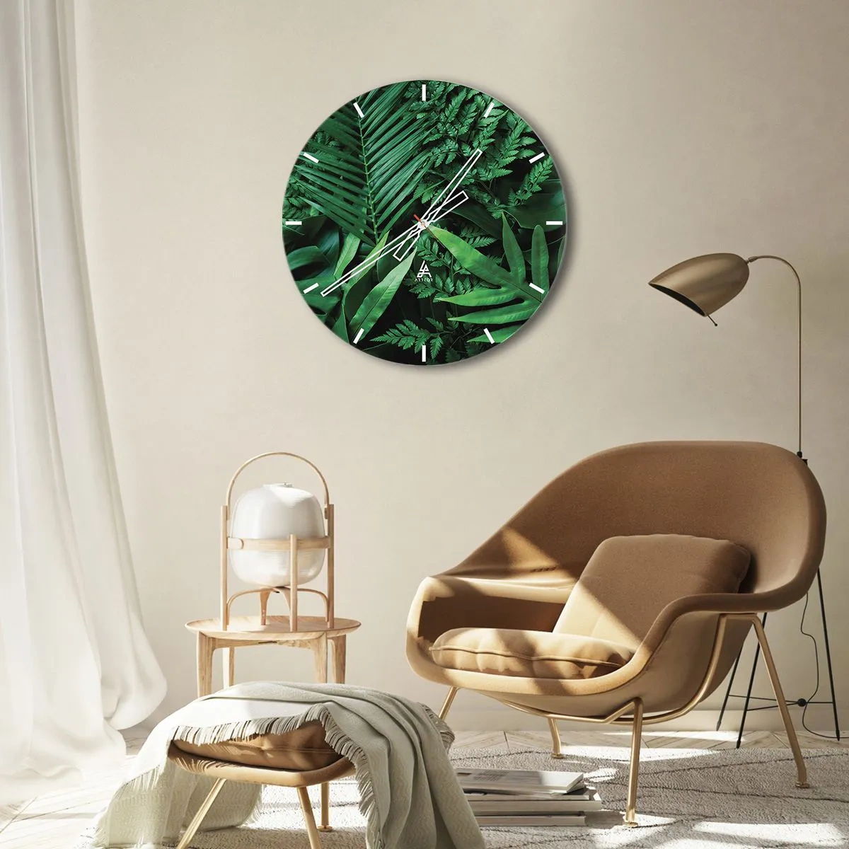 Reloj de pared - Reloj de vidrio - Las hojas verdes tropicales crean una composición densa y natural. - 30x30cm - Abrazo verde - Decoración de pared moderna para salón, cocina y dormitorio ARTTOR