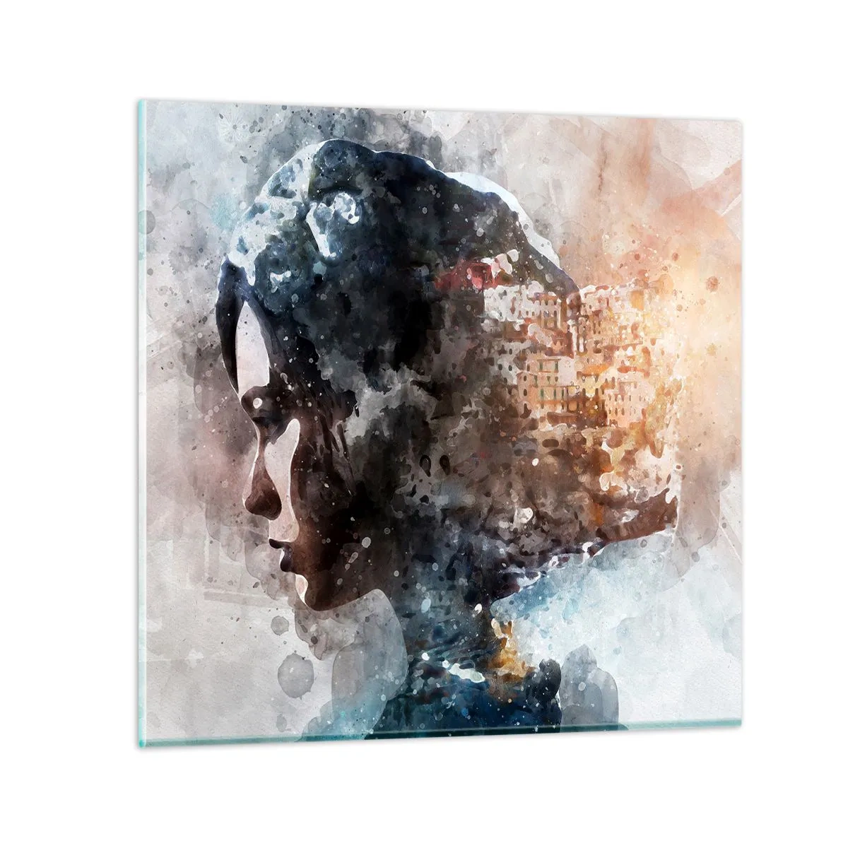 Cuadro sobre vidrio - Impresiones sobre Vidrio - Una historia sobre una niña con una ciudad de fondo - 50x50 cm