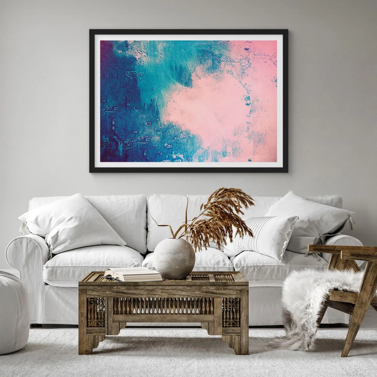 Póster en marco negro - Textura abstracta en tonos rosa y azul. - 100x70cm - Abrazo azul - Decoración de pared moderna para salón y dormitorio ARTTOR