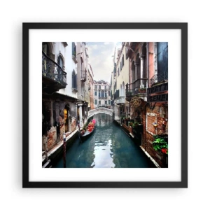 Póster en marco negro - Paisaje veneciano con góndola y puente - 40x40 cm