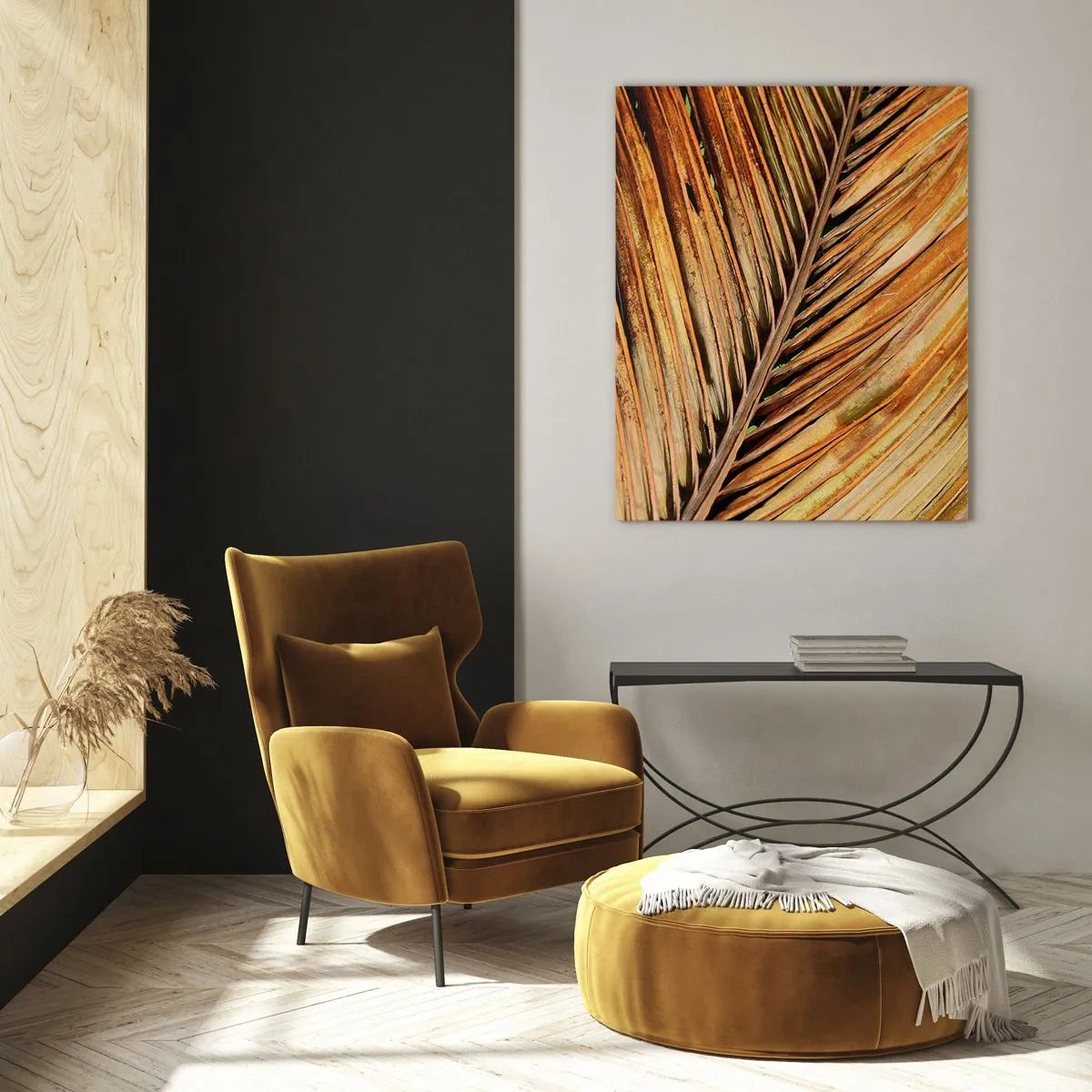 Cuadro sobre vidrio - Impresiones sobre Vidrio - Primer plano de una hoja de palma seca en tonos cálidos. - 70x100cm - Oro de coco - Decoración de pared moderna para salón y dormitorio ARTTOR