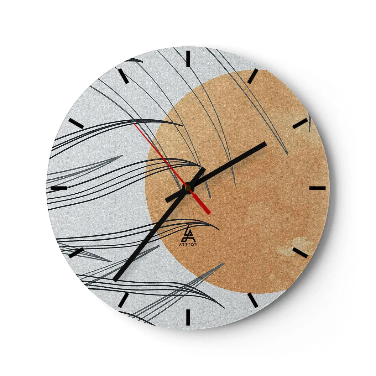 Reloj de pared - Reloj de vidrio - Gráfico con un círculo naranja y líneas de hierba en el fondo. - 30x30cm - Siempre hacia el sol - Decoración de pared moderna para salón, cocina y dormitorio ARTTOR