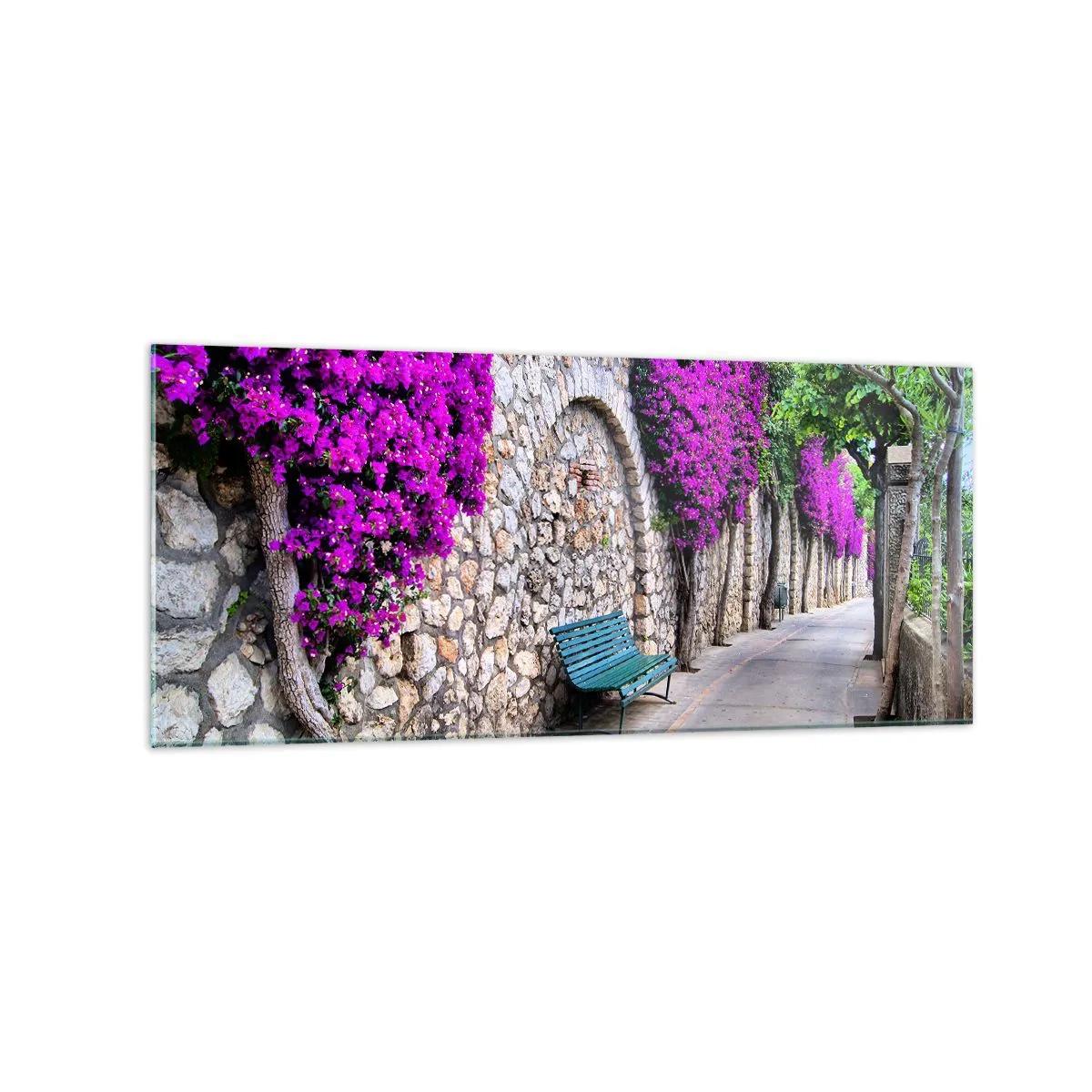 Cuadro sobre vidrio - Impresiones sobre Vidrio - Un camino de piedra con un banco y flores moradas en flor. - 120x50cm - Punto de reunión - Decoración de pared moderna para salón y dormitorio ARTTOR