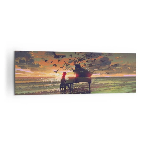 Cuadro sobre lienzo - Impresión de Imagen - Un piano en la orilla del mar al atardecer con pájaros. - 160x50cm - Concierto de piano y olas - Decoración de pared moderna para salón y dormitorio ARTTOR