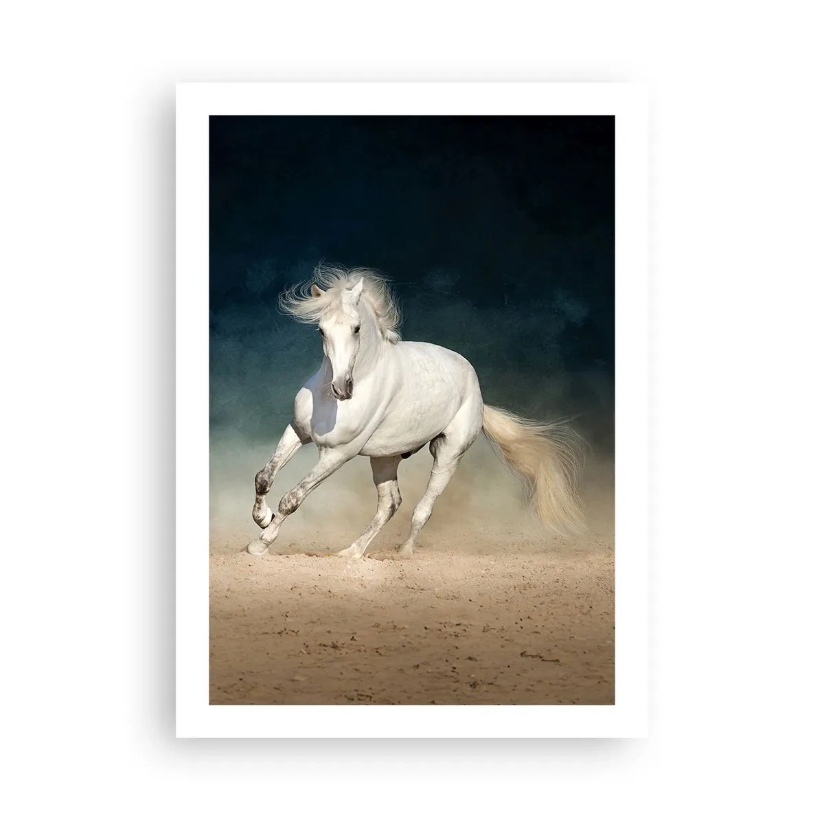 Póster - Un caballo blanco galopando por el suelo arenoso. - 50x70cm - Libertad en estado puro - Decoración de pared moderna para salón y dormitorio ARTTOR