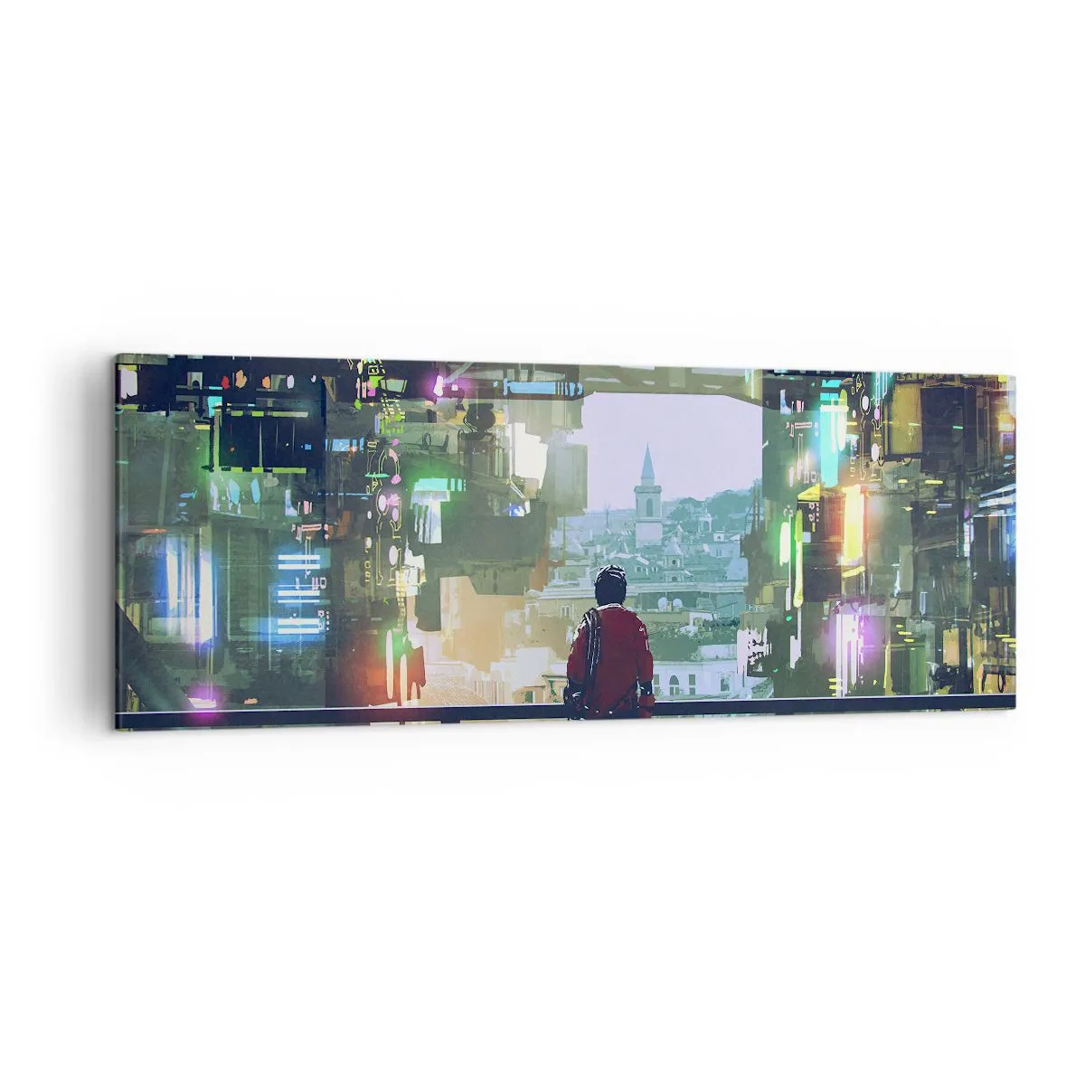 Cuadro sobre lienzo - Impresión de Imagen - Una figura en una ciudad futurista con luces de neón. - 140x50cm - Dos mundos - Decoración de pared moderna para salón y dormitorio ARTTOR