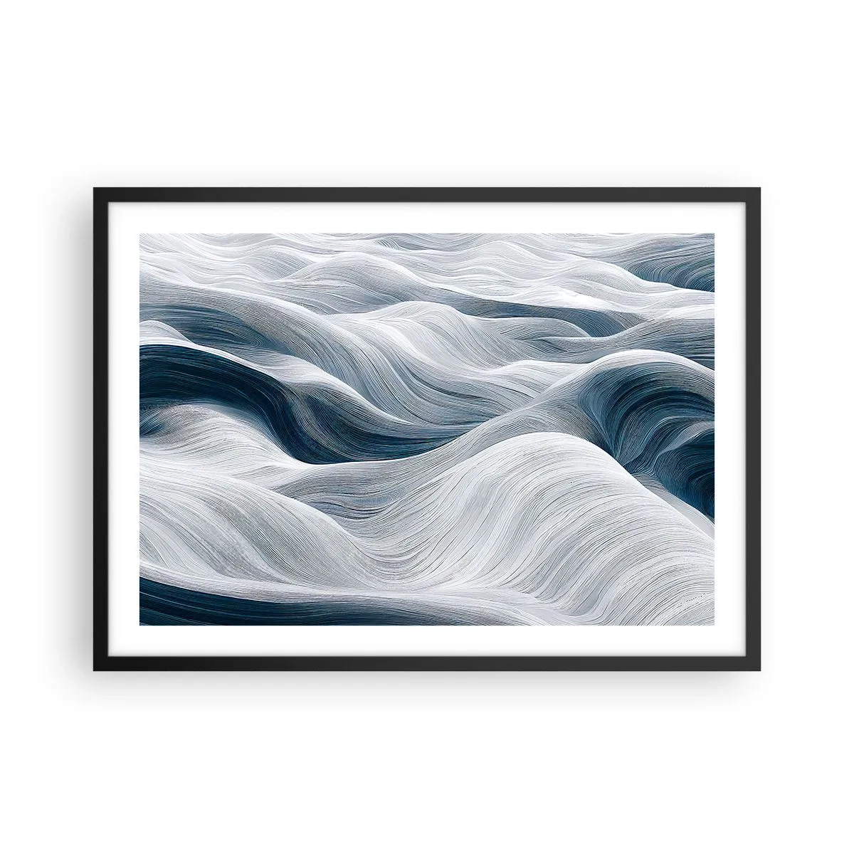 Póster en marco negro - Líneas onduladas en tonos azules y blancos. - 70x50cm - Olas blancas y azules - Decoración de pared moderna para salón y dormitorio ARTTOR