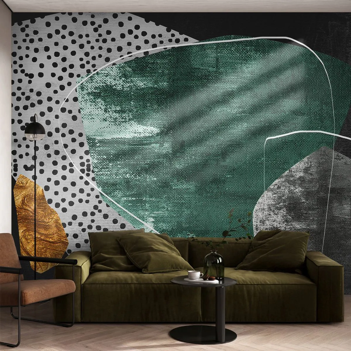 Fotomural Premium Sand - Abstracción colorista con un copo de oro - Abstracción, Textura, Collage - 400x280 cm