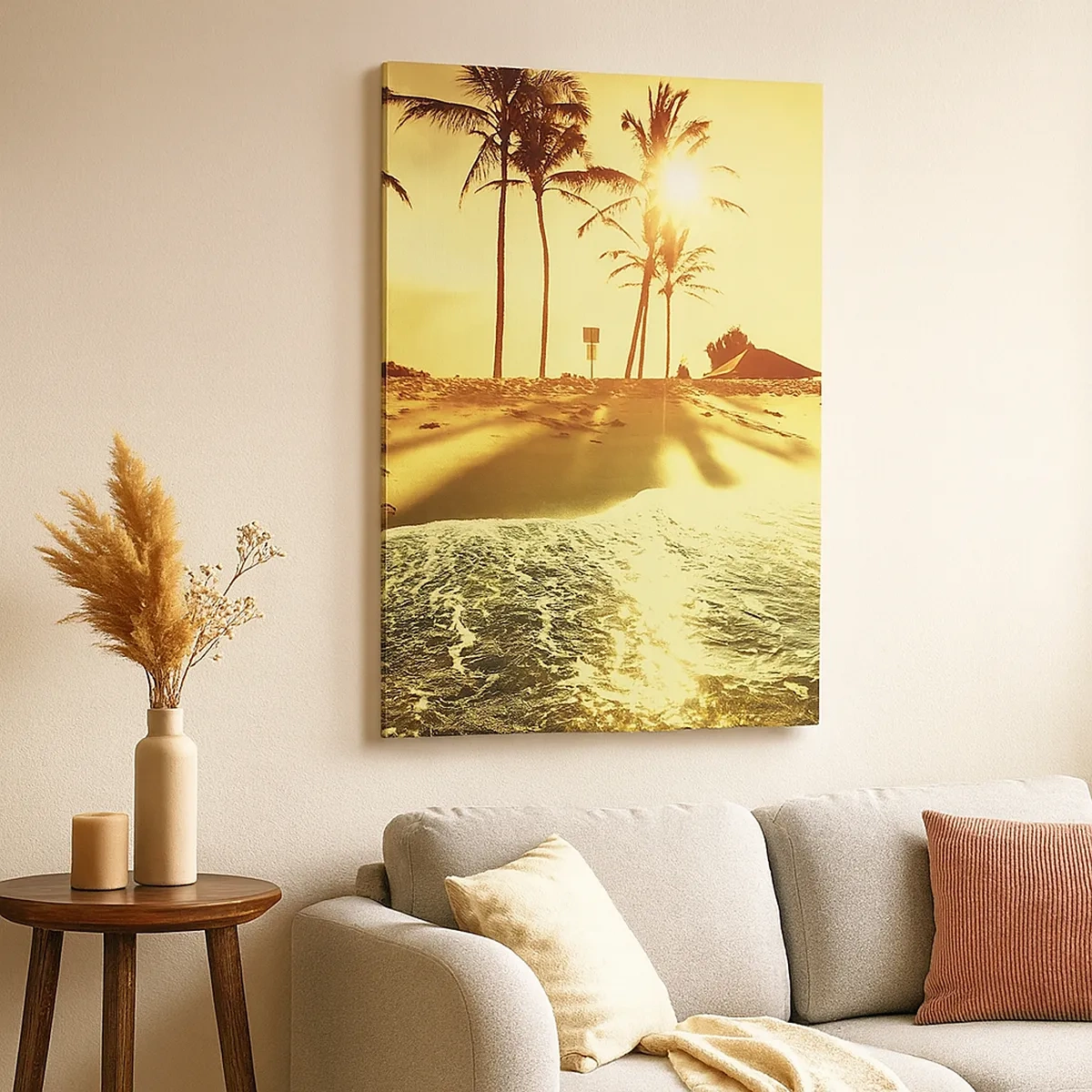 Cuadro sobre lienzo - Impresión de Imagen - Una playa con palmeras iluminada por un cálido atardecer. - 50x70cm - Una tarde californiana - Decoración de pared moderna para salón y dormitorio ARTTOR
