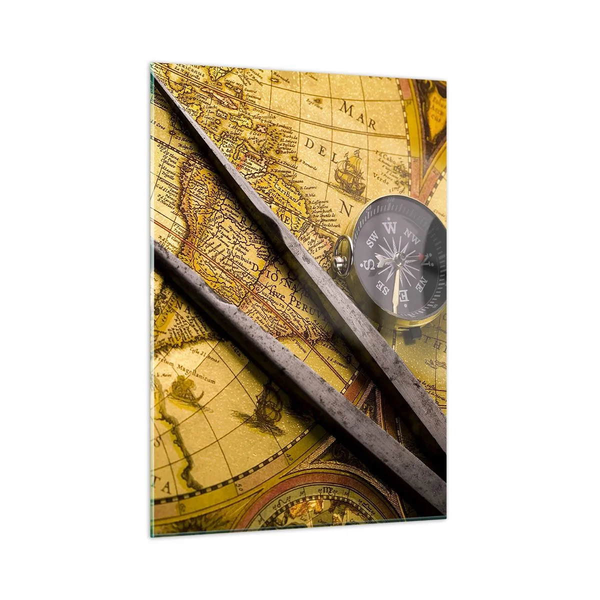 Cuadro sobre vidrio - Impresiones sobre Vidrio - Mapa antiguo con brújula y compás - 50x70cm - ¿Dónde están los tesoros? - Decoración de pared moderna para salón y dormitorio ARTTOR
