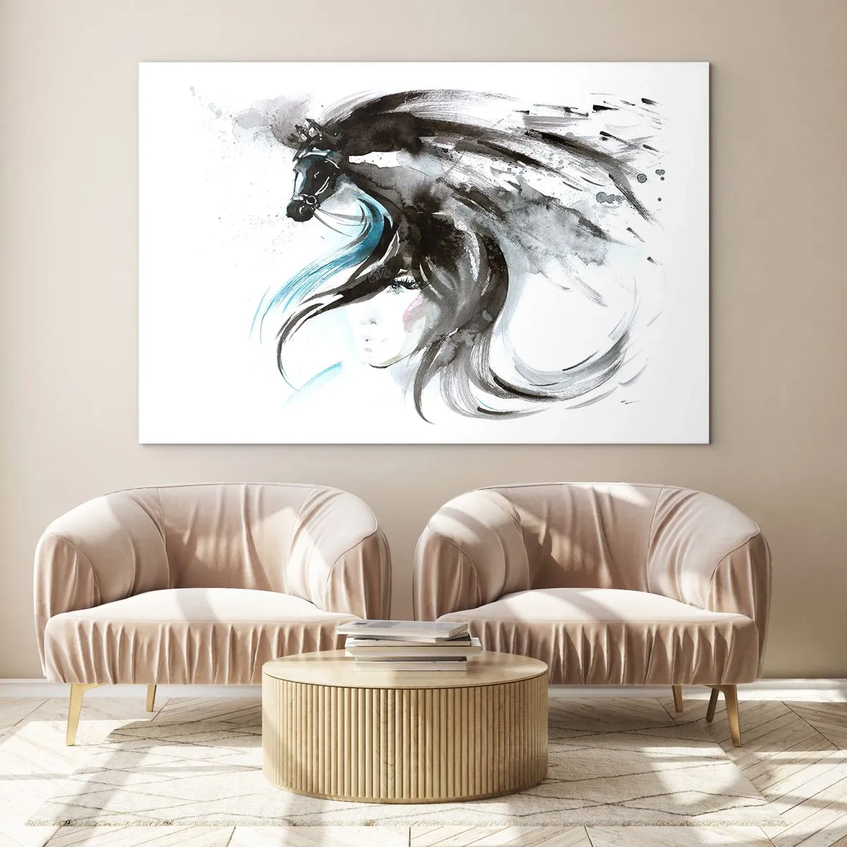 Cuadro sobre vidrio - Impresiones sobre Vidrio - Retrato de una mujer y un caballo en una composición artística y dinámica. - 100x70cm - El galope del Príncipe Negro - Decoración de pared moderna para salón y dormitorio ARTTOR