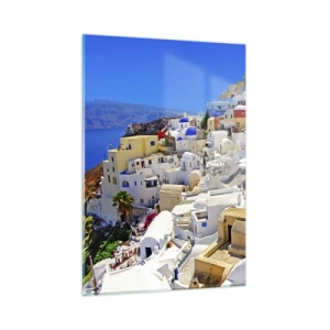 Cuadro sobre vidrio - Impresiones sobre Vidrio - Santorini con casas blancas contra un cielo azul - 50x70cm - Sueño de un verano griego - Decoración de pared moderna para salón y dormitorio ARTTOR