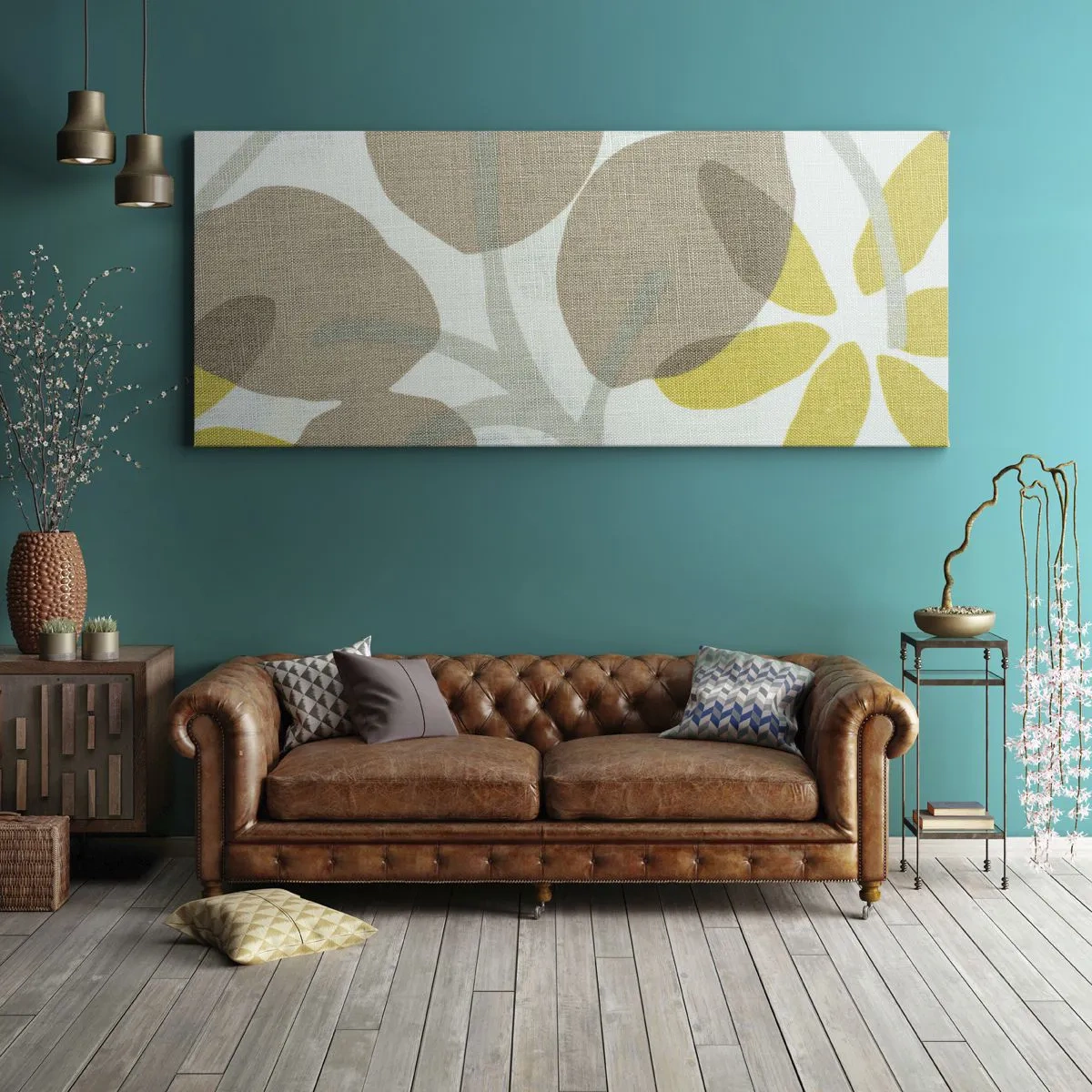 Cuadro sobre lienzo - Impresión de Imagen - Hojas abstractas en tonos beige y amarillo. - 160x50cm - Composición a pleno sol - Decoración de pared moderna para salón y dormitorio ARTTOR