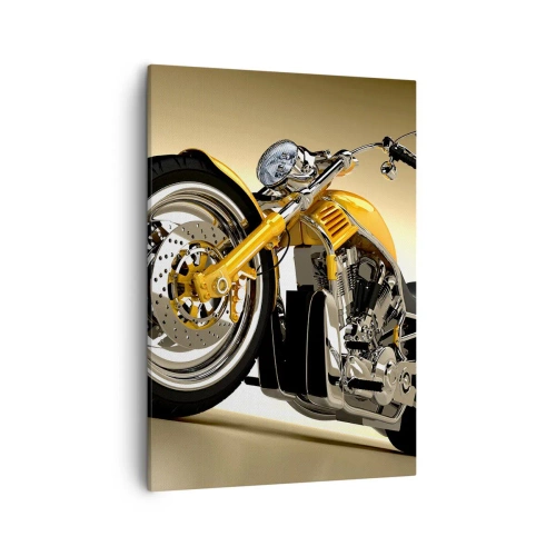 Cuadro sobre lienzo - Impresión de Imagen - Una motocicleta estilo chopper amarilla contra una pared beige - 50x70cm - Un sueño de fuerza y velocidad - Decoración de pared moderna para salón y dormitorio ARTTOR