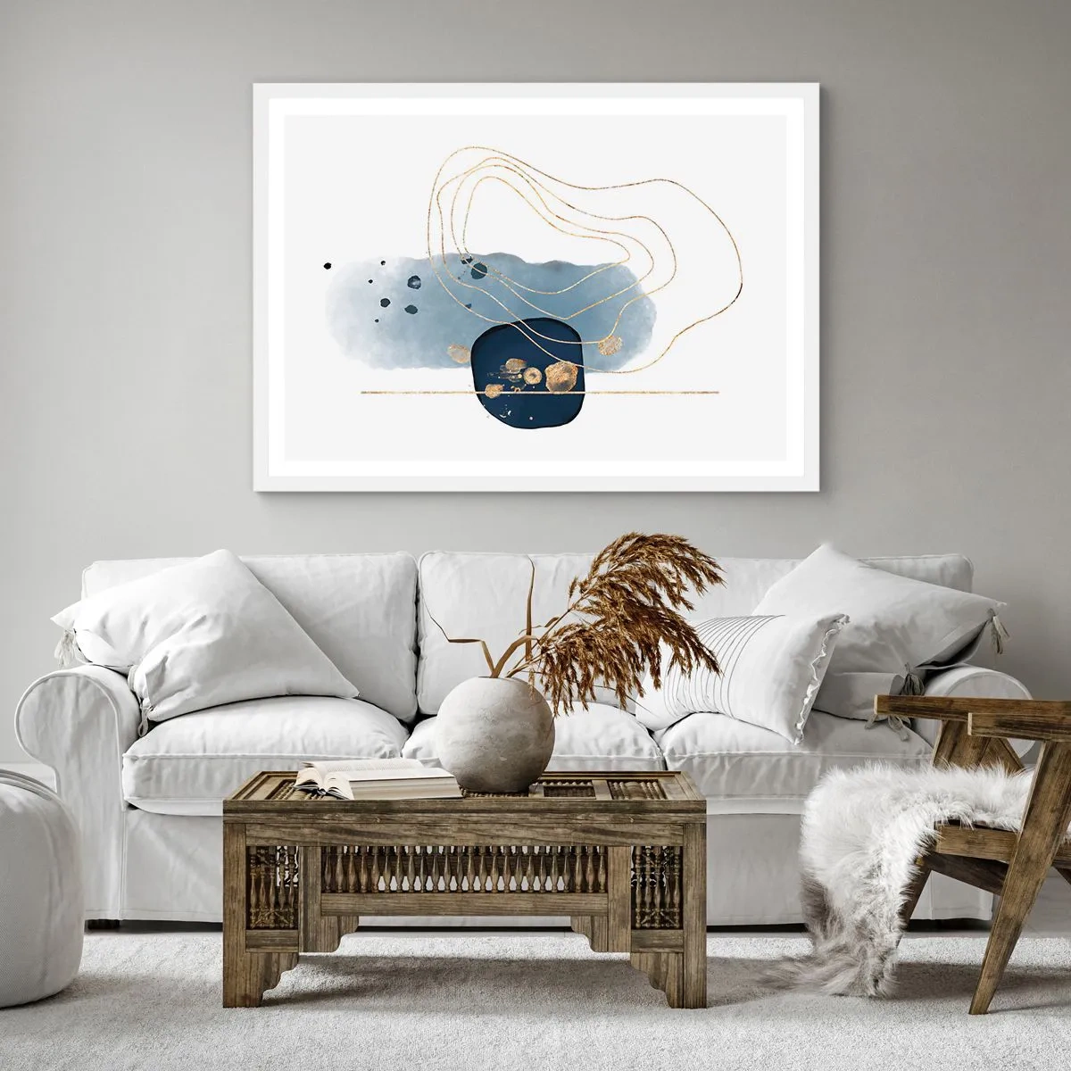 Póster en marco blanco - Fantasía azul y oro - 30x30 cm