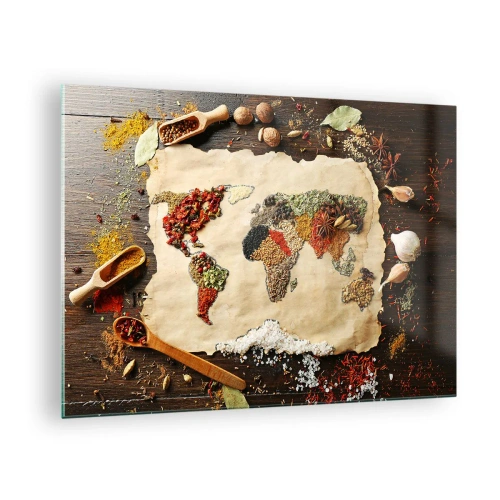 Cuadro sobre vidrio - Impresiones sobre Vidrio - Un mapa del mundo hecho con varias especias sobre un fondo rústico. - 70x50cm - Todos los sabores del mundo - Decoración de pared moderna para salón y dormitorio ARTTOR